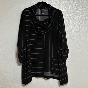 Ali Miles Black White Stripe Cowl Neck Tunic Top Roll Tab 3/4 Sleeve Plus Sz 1X